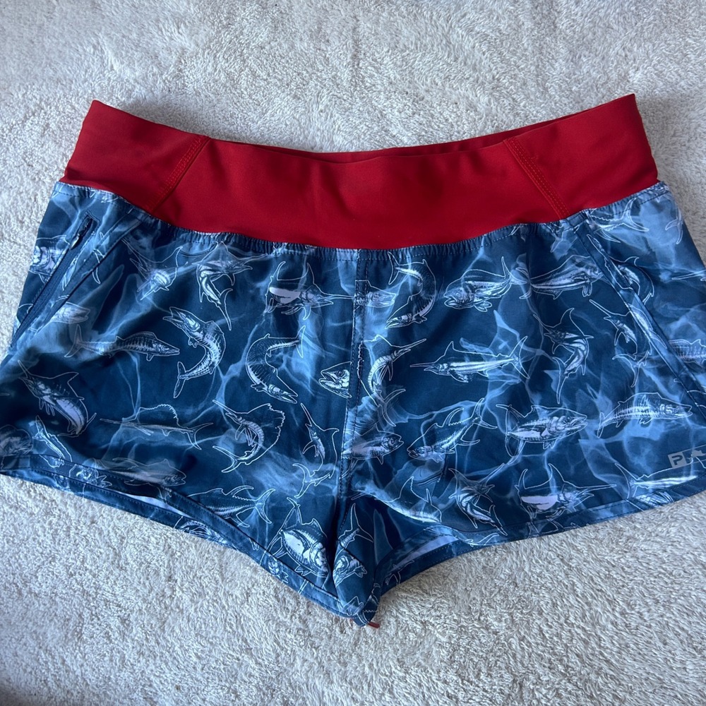 Pelagic Bali Active Shorts Oceanflex Size Medium Fish Print Hydro-Repel Red